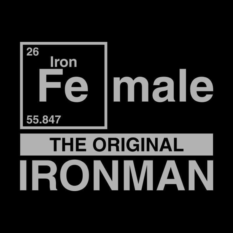 Graphic design highlighting "female" as the original ironman, with a nod to functional medicine, using the periodic table element for iron (fe) as a play on words