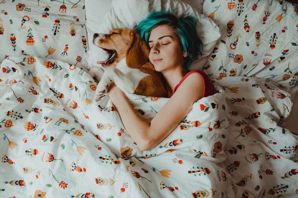 A woman with blue hair and a beagle dog cuddling together on a bed with a colorful meridian-patterned duvet.