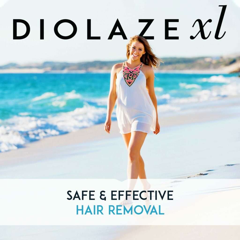 A smiling woman walking on the beach with the text "Diolazexl for safe & effective hair removal.