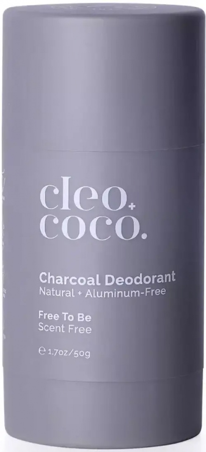 A stick of Cleo+Coco charcoal deodorant that is natural and aluminum-free, labeled as scent-free and an effective natural deodorant alternative that actually works.