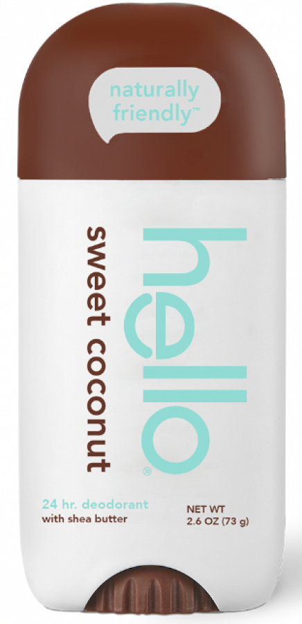 Container of "hello" brand sweet coconut natural deodorant with shea butter.