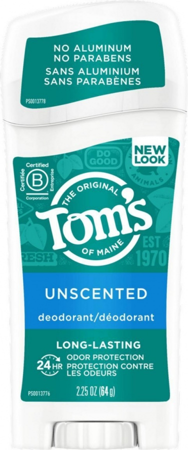 A stick of tom's of maine unscented, long-lasting deodorant with a new look, emphasizing its aluminum and paraben-free formula.
