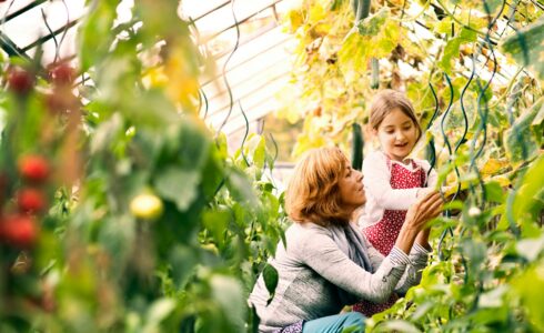 An older woman and a young girl examine plants together in a greenhouse, surrounded by green foliage. Their shared passion for natural health blossoms in this Meridian, Idaho oasis, where functional medicine meets the verdant environment.