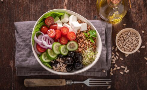 Healthy Greek salad in alternative version for people on diet.